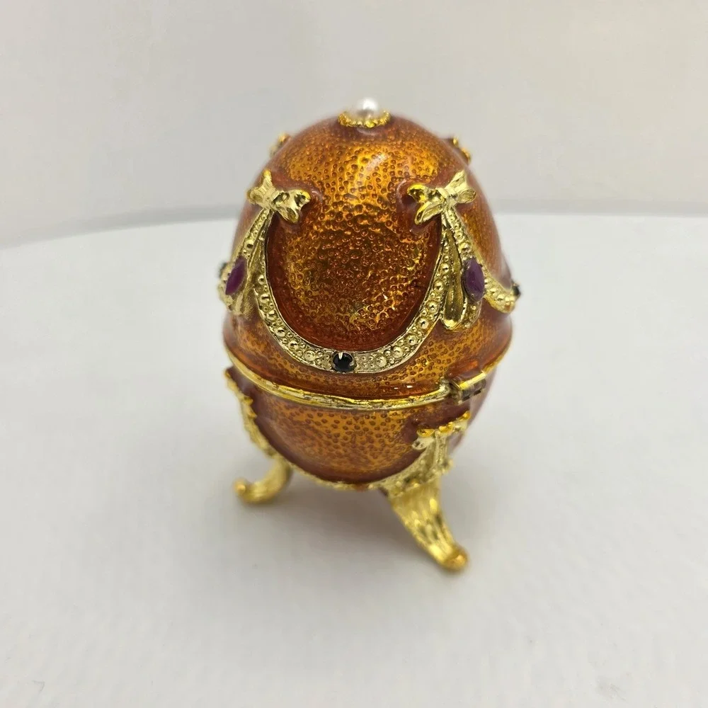 VTG Musical Jeweled Egg‎ Trinket Box Faberge Egg-style Farmer In Dell Gold READ